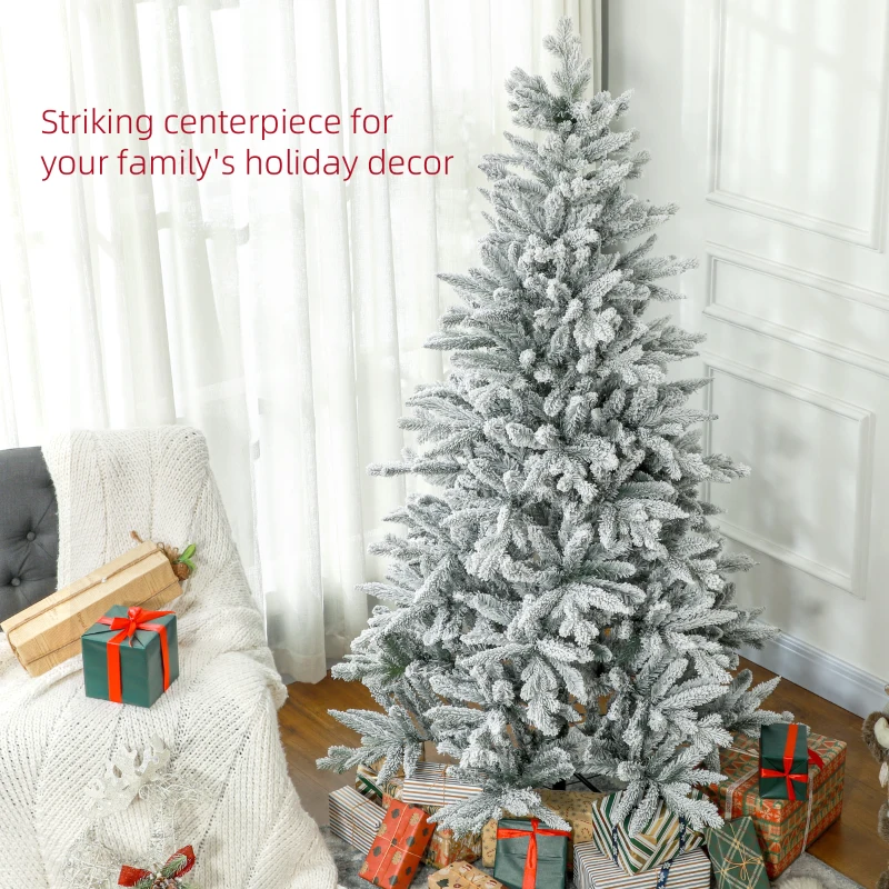 HOMCOM 6ft Flocked Artificial Christmas Tree with 1489 Snow Tips, Pinecones, Metal Stand, Hinged Xmas Tree for Home