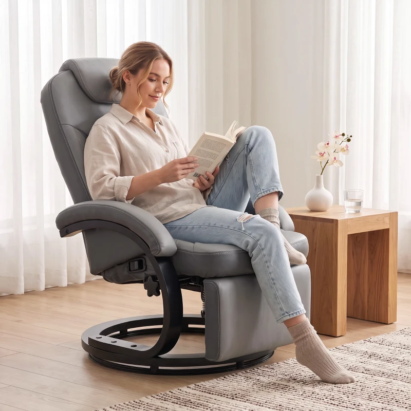 HOMCOM Faux Leather Manual Recliner, Swivel Lounge Chair with Adjustable Backrest, Footrest and Round Base, Gray