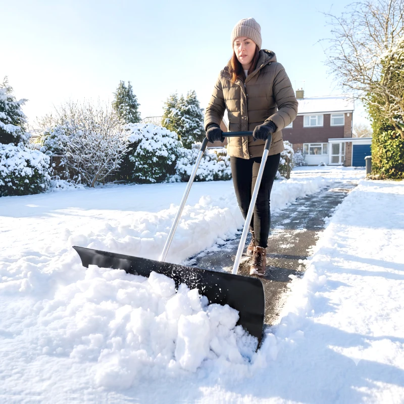 Outsunny 37-Inch Extra Wide Snow Shovel with Wheels, Heavy Duty Aluminum Snow Pusher with Ergonomic Adjustable Handle, Black