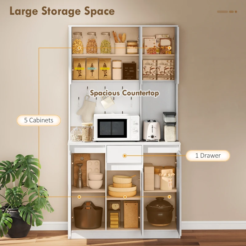 HOMCOM 71" Pantry Cabinet with Charging Station, Kitchen Storage Cabinet with Microwave Stand, Pegboard, 6 S-hooks, White
