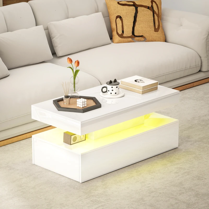 HOMCOM LED Coffee Table, Living Room Table with 2 Drawers and Open Shelf, High Gloss White