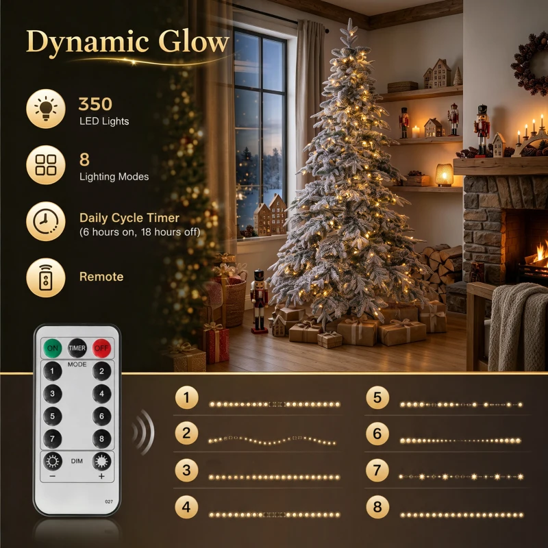 HOMCOM 6ft Prelit Flocked Christmas Tree, Downswept Hinged Xmas Tree with LED Lights, 8 Modes, Daily Timer, Remote