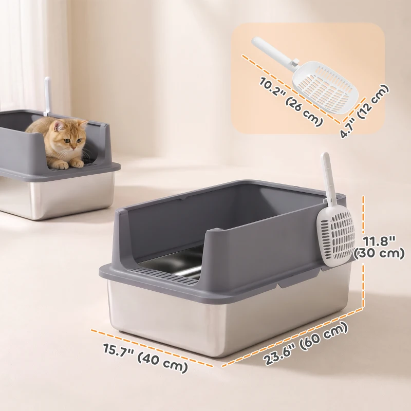 PawHut 2 Pack XL Stainless Steel Litter Box with Scoops, High Sided, for Big and Multiple Cats, Anti-Urine Leakage