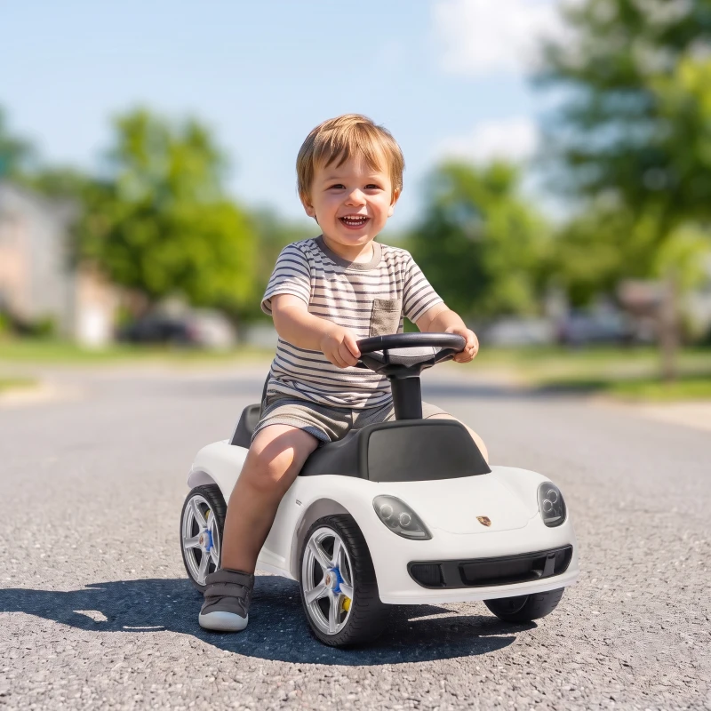 Qaba Toddler Push Car with Horn, Lights, Start-Up Sound, Ride on Car with Steering Wheel, Foot Rest, for 18-36 Months, White