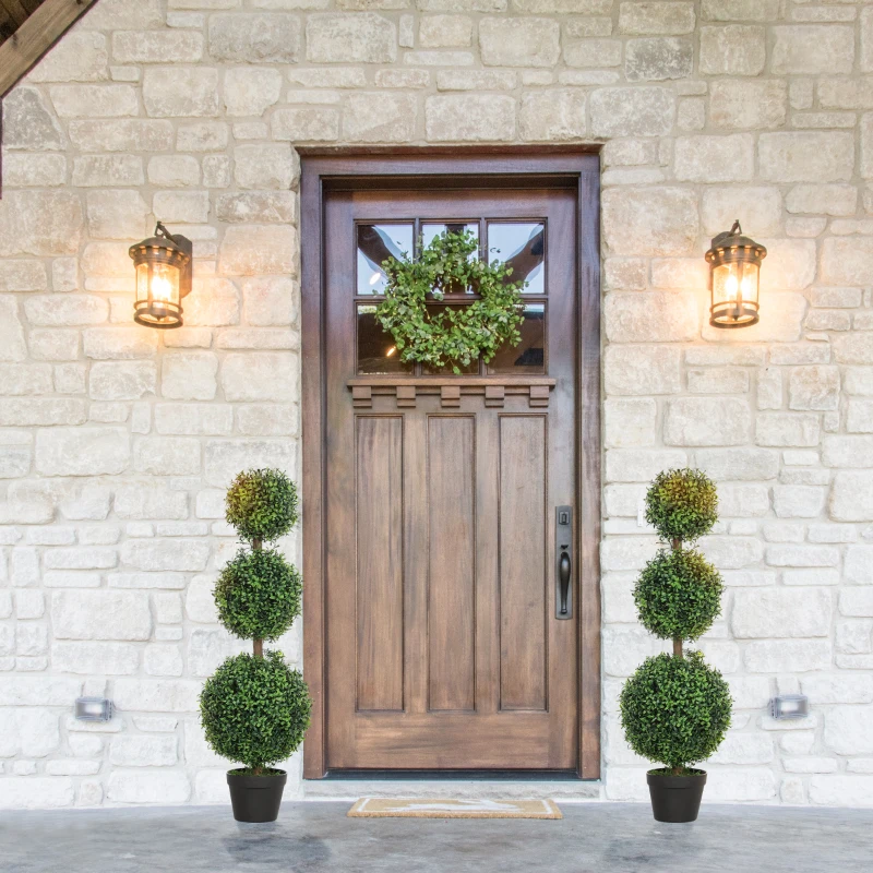 HOMCOM Set of 2 Artificial Ball Boxwood Topiary Trees, Fake Plants in Pot for Indoor Outdoor Living Room Green
