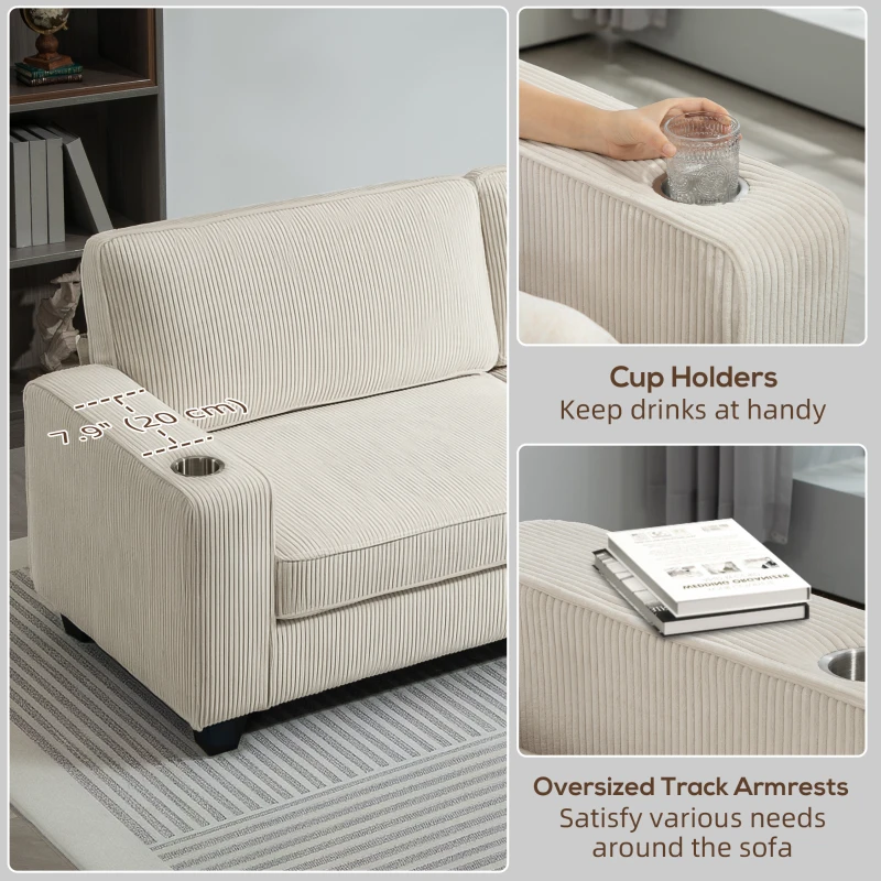 HOMCOM Three Seater Sofa, Fabric 3 Seater Couch with Spring Cushion and Cup Holders for Living Room, Bedroom, Cream White