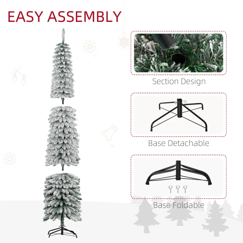 HOMCOM 8' Tall Unlit Slim Pencil Xmas Tree, Snow Flocked Artificial Christmas Tree with Realistic Branches and 603 Tips, Green