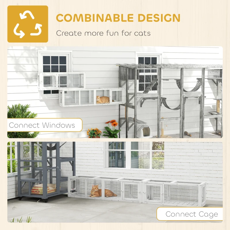 PawHut Cat Tunnel, Outdoor Cat Enclosure with Combinable Design, 8 Doors, 98" Kitty Toys for House, Window, Cage, White