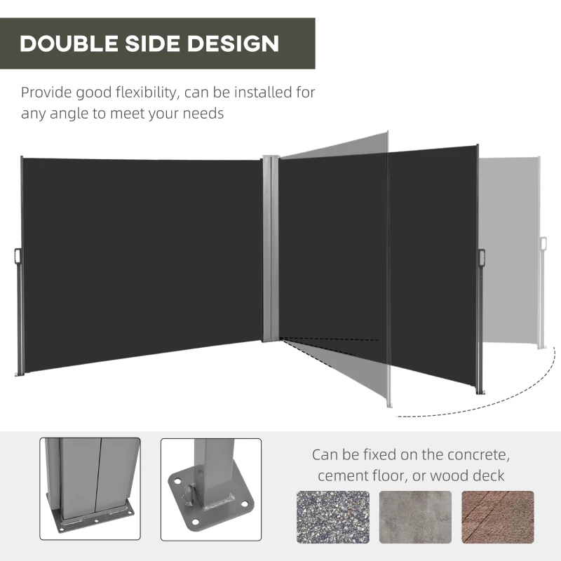 Outsunny 236" x 63" Outdoor Privacy Wall, Double Retractable Side Awning, Patio Screen for Garden, Balcony, Backyard, Black