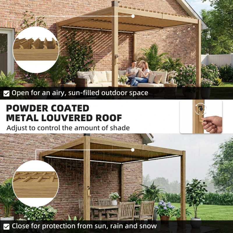 Outsunny 10' x 10' Louvered Pergola with Solar LED lights, Metal Roof, Outdoor Pergola Patio Gazebo with Drainage Gutters, Brown
