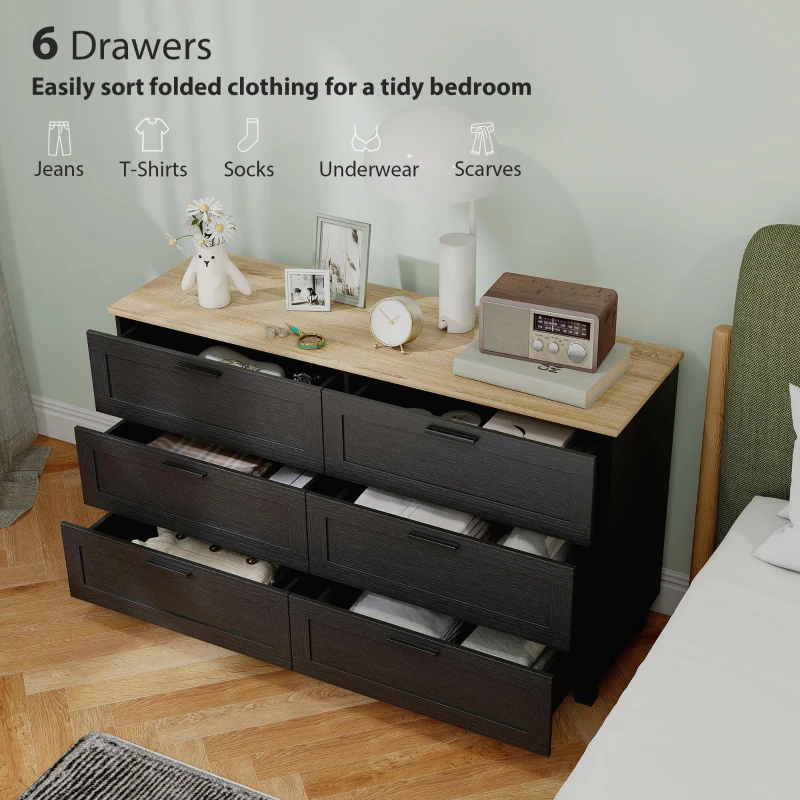 HOMCOM 47" Wide Chest of Drawers, Modern Dresser with 6 Drawers and Wood Legs for Bedroom, Living Room, Entryway, Black
