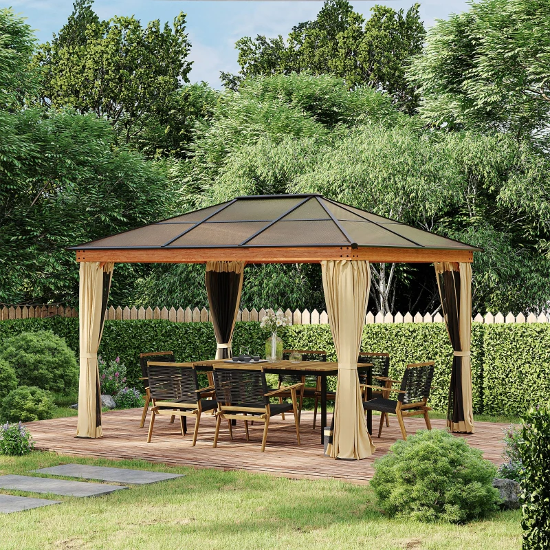 Outsunny 10' x 12' Hardtop Polycarbonate Gazebo Canopy Aluminum Frame Pergola w/ Netting and Sidewalls for Garden, Patio, Khaki