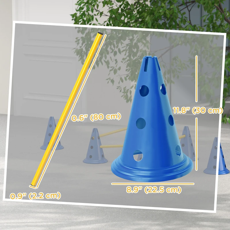 PawHut Dog Agility Hurdle Cone Set, Adjustable Obstacle Course Equipment with 6 Cones & 6 Poles, Carry Bag, Blue