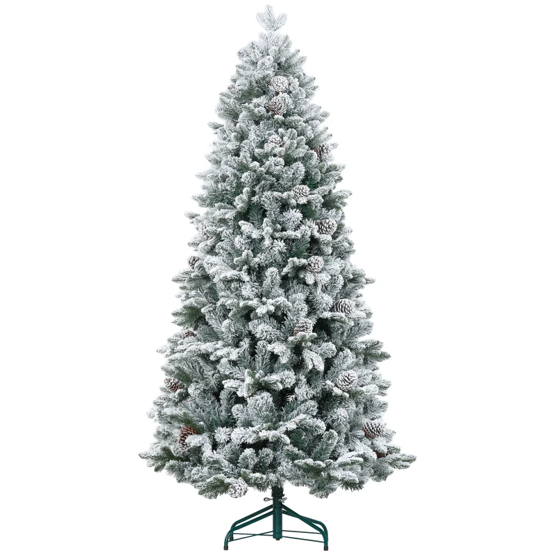HOMCOM 6ft Flocked Artificial Christmas Tree with 1489 Snow Tips, Pinecones, Metal Stand, Hinged Xmas Tree for Home