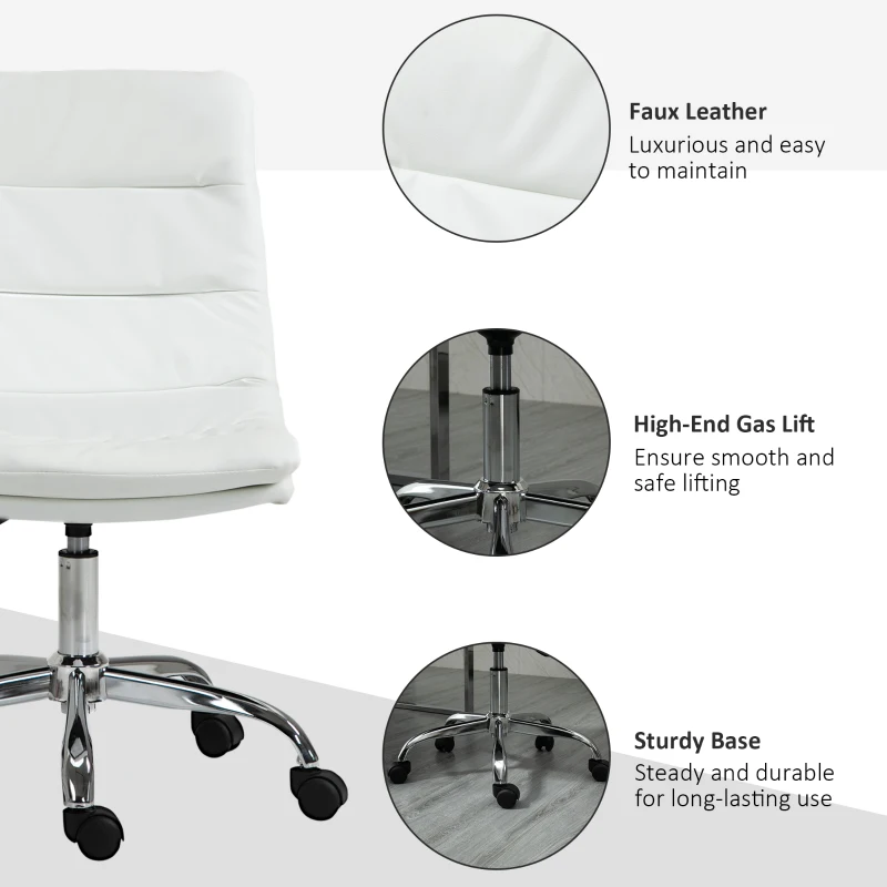 Vinsetto Armless Office Chair Ergonomic Computer Desk Chair Mid-Back Upholstered Task Chair with PU Leather, Adjustable Height and Swivel Seat, White