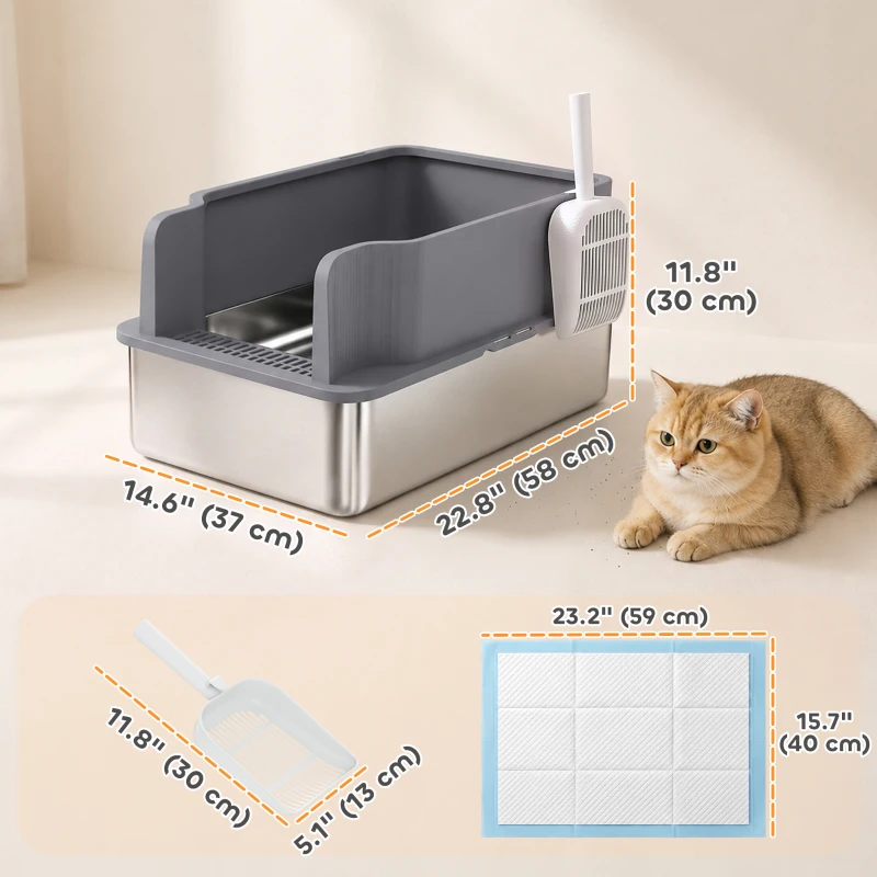 PawHut Stainless Steel Sifting Litter Box for Pine Pellet, High Sided, Anti-Leakage, Less Tracking, Includes Scoop & 10 Pads