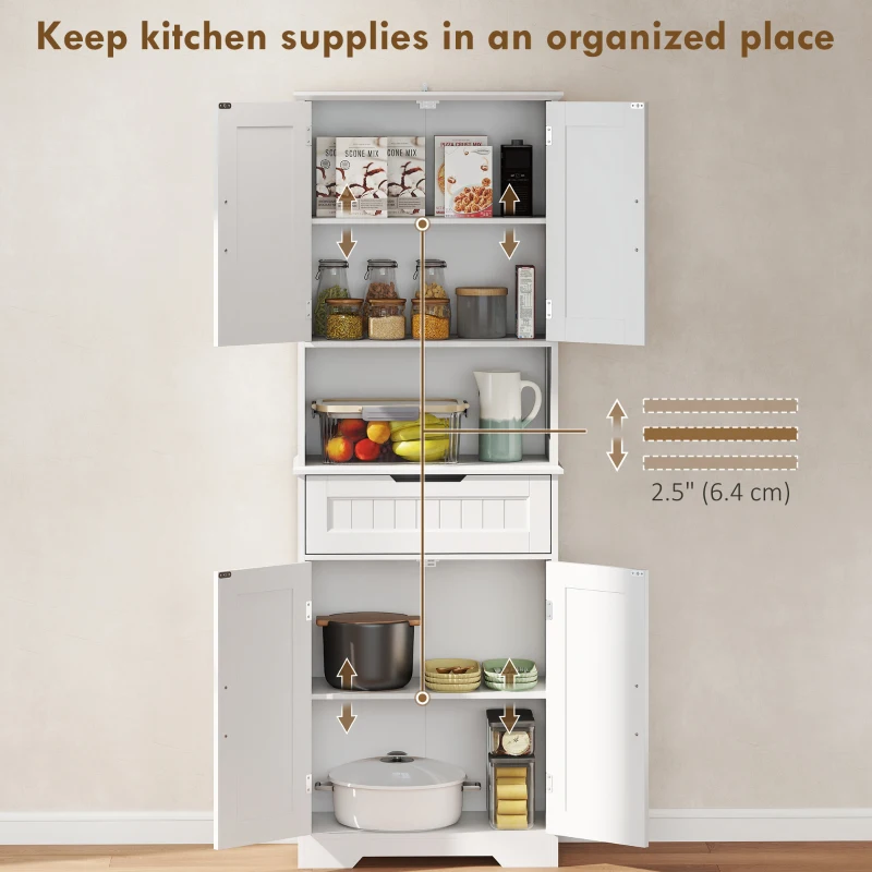 HOMCOM Kitchen Buffet with Hutch, 68" Tall Kitchen Pantry Cabinet with Small Open Counter, 4 Doors, Drawer, White