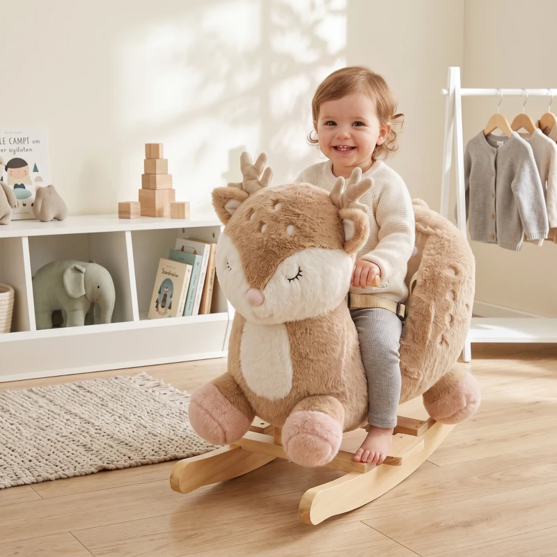 Qaba Baby Rocking Horse for Toddlers 1-3 Years, Spotted Deer Rocking Horse Toy with Sounds, Seat Belt and Widened Base, Brown