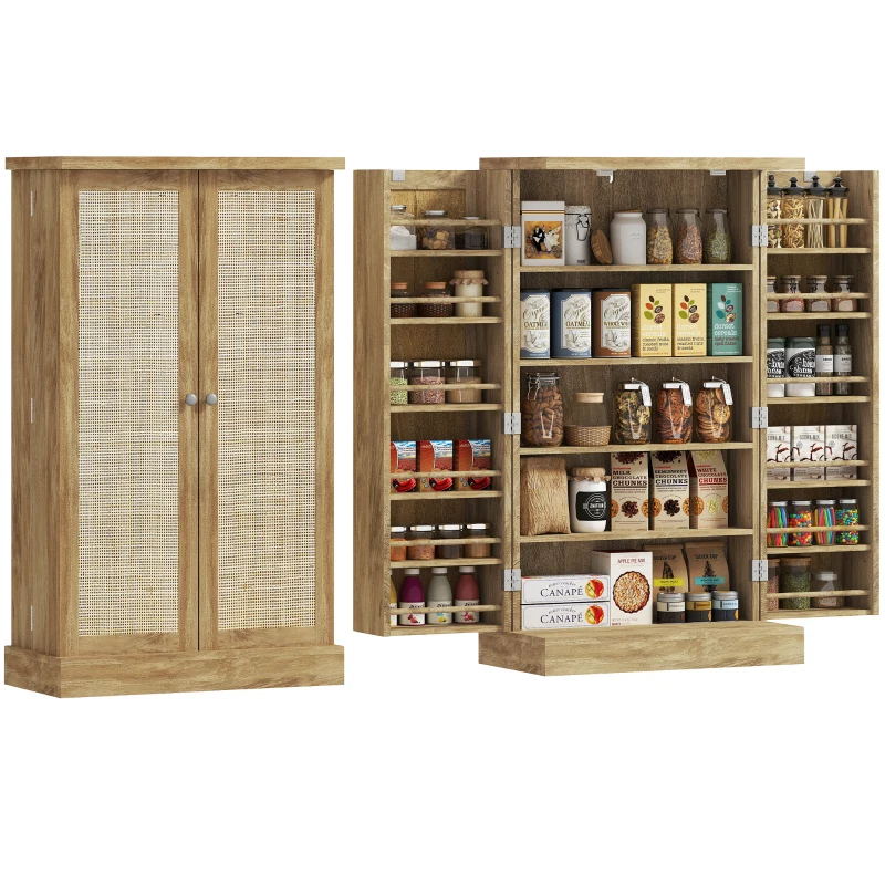 HOMCOM 41" Rattan Kitchen Storage Cabinet, Food Pantry Cabinet with 5-Tier Shelf 12 Spice Racks Adjustable Shelves Natural