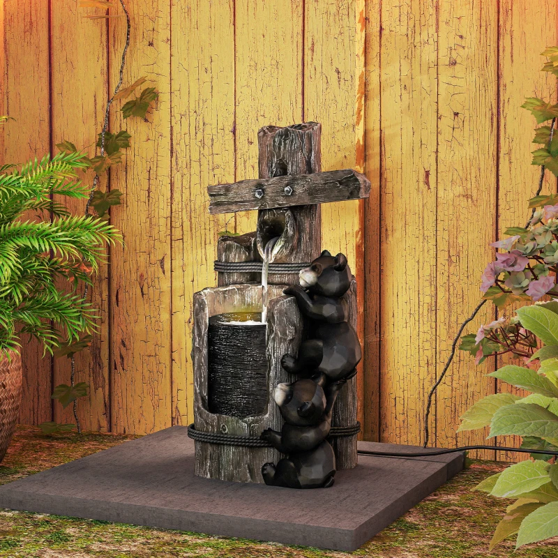Outsunny 22.8" Water Fountain, 3-Tier Resin Bears on Log Outdoor Waterfall Fountain with LED Lights, Pump