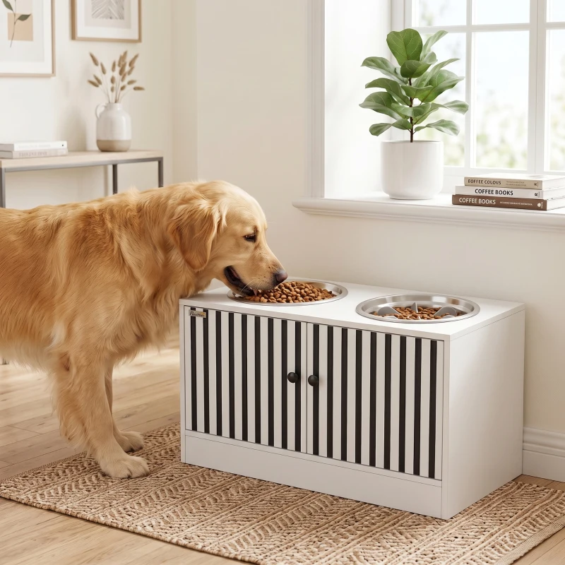 PawHut Elevated Dog Bowls with Storage Cabinet,  2 Stainless Steel Bowls, Slow Feeder, Dog Feeding Station for Large Dogs, White