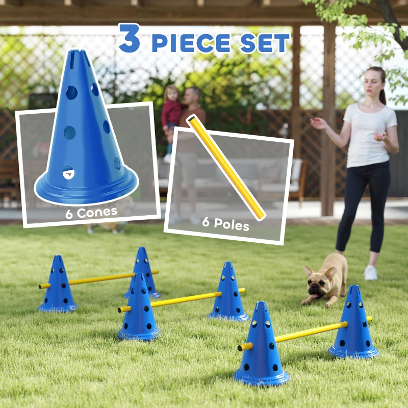 PawHut Dog Agility Hurdle Cone Set, Adjustable Obstacle Course Equipment with 6 Cones & 6 Poles, Carry Bag, Blue