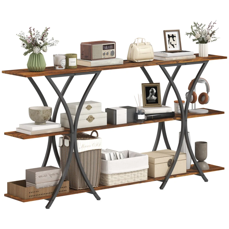 HOMCOM 71" Console Table, 3-Tier Industrial Entryway Table with 2 Storage Shelves for Living Room, Hallway, Rustic Brown
