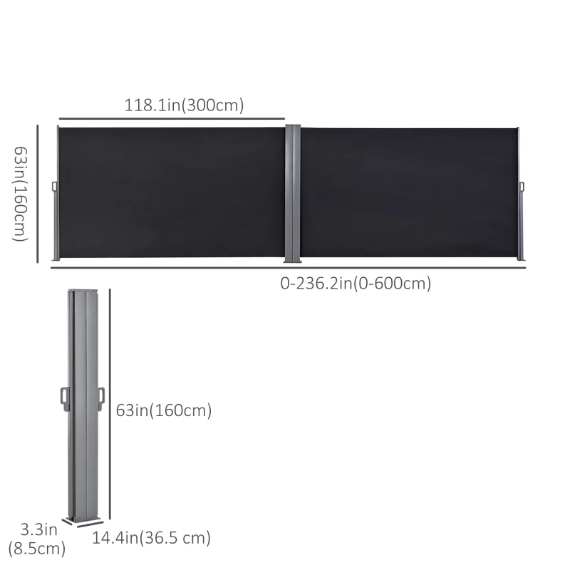 Outsunny 236" x 63" Outdoor Privacy Wall, Double Retractable Side Awning, Patio Screen for Garden, Balcony, Backyard, Black
