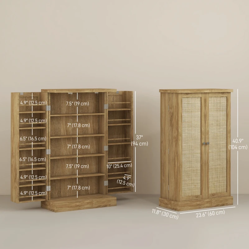 HOMCOM 41" Rattan Kitchen Storage Cabinet, Food Pantry Cabinet with 5-Tier Shelf 12 Spice Racks Adjustable Shelves Natural