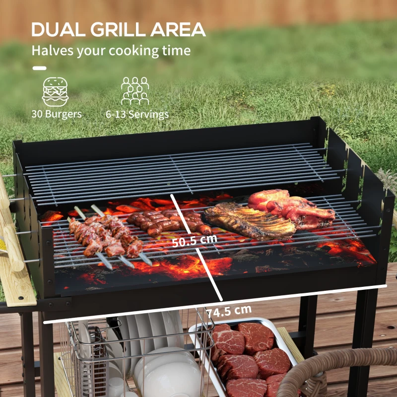 Outsunny Charcoal Grill,Barbecue Trolley with Double Adjustable Grill, Side Table, Storage Shelf and Wheels, Black