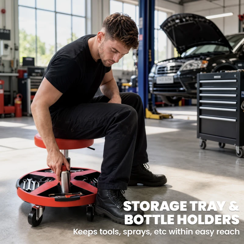 HOMCOM Rolling Mechanic Stool, 15.7"-20.5" Garage Stool with Wheels, 300 LBS, 360° Swivel Padded Creeper Shop Seat, Red