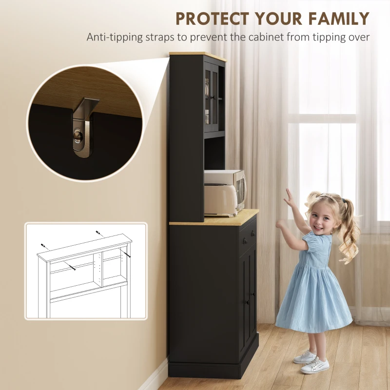 HOMCOM Freestanding Kitchen Cabinet, 71" Tall Pantry Cabinet, Modern Hutch with Wide Countertop, Adjustable Shelves, Black