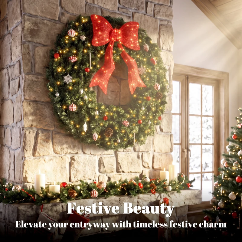 HOMCOM Artificial Xmas Wreath, 36 Inch Pre-Lit Christmas Wreath with 130 LED Lights, Lighted Bow and 21 Ornament Set, Green