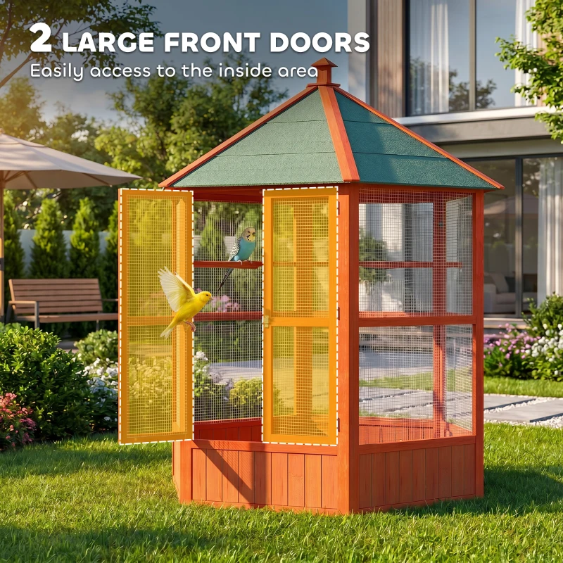 PawHut 69" Wooden Hexagonal Outdoor Aviary Flight Bird Cage With Covered Roof, Brown(m-4)