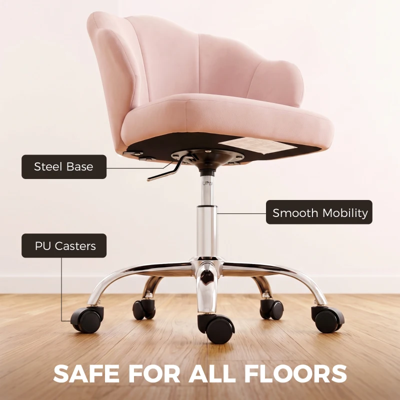 HOMCOM Task Desk Chair, Petal Office Chair with Swivel Wheels with Wide Seat, Velvet, Adjustable Height, Pink