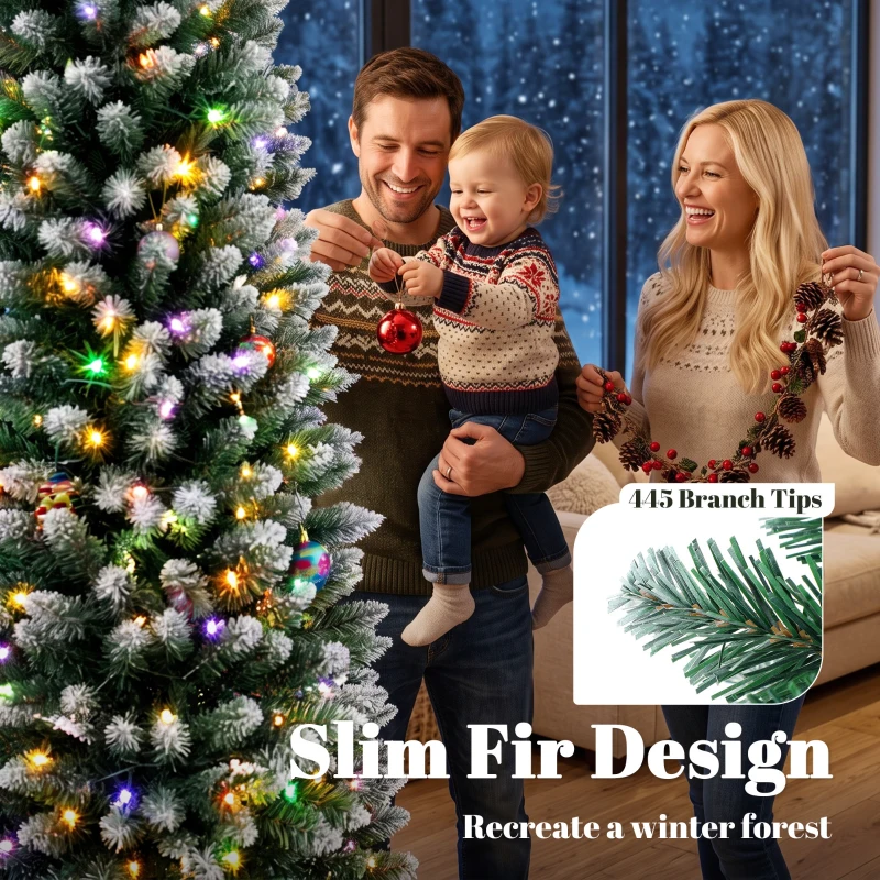HOMCOM 7ft Pencil Prelit Christmas Tree, Dual Color LEDs, Flocked, Remote, Slim Xmas Tree with 11 Modes, Green White