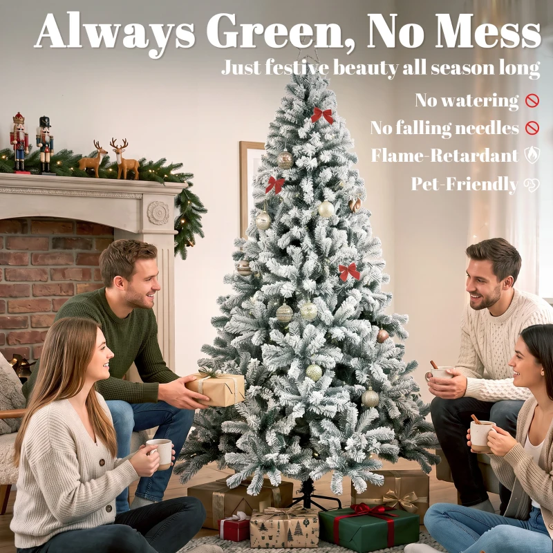 HOMCOM 7ft Snow Flocked Christmas Tree with 1000 Branch Tips, Hinged Design, Artificial Fir Xmas Tree, Green and White