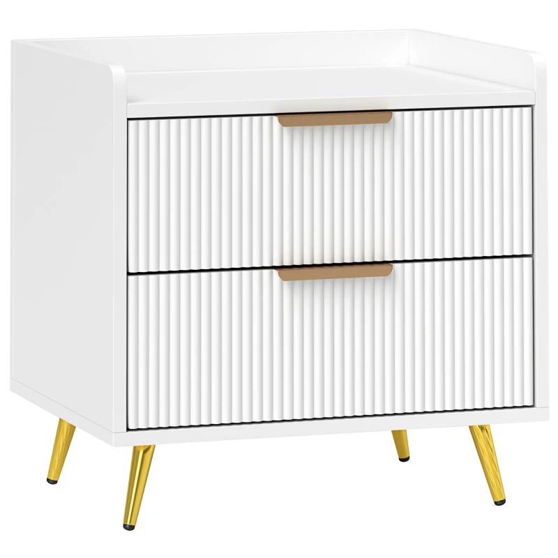 HOMCOM Bedside Table, Nightstand with 2 Drawers, Side End Table with Metal Legs for Bedroom, White