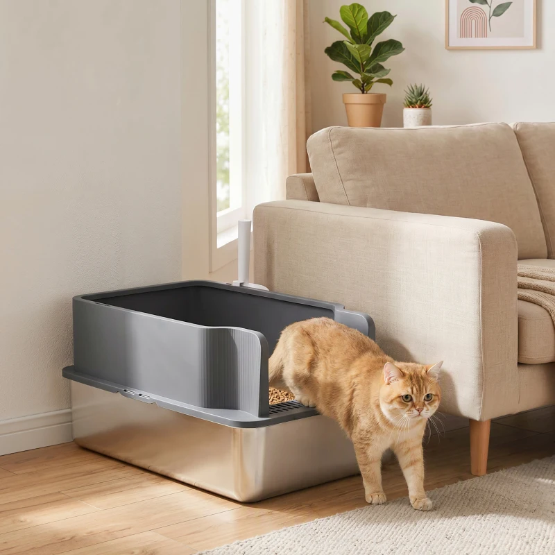 PawHut Stainless Steel Sifting Litter Box for Pine Pellet, High Sided, Anti-Leakage, Less Tracking, Includes Scoop & 10 Pads