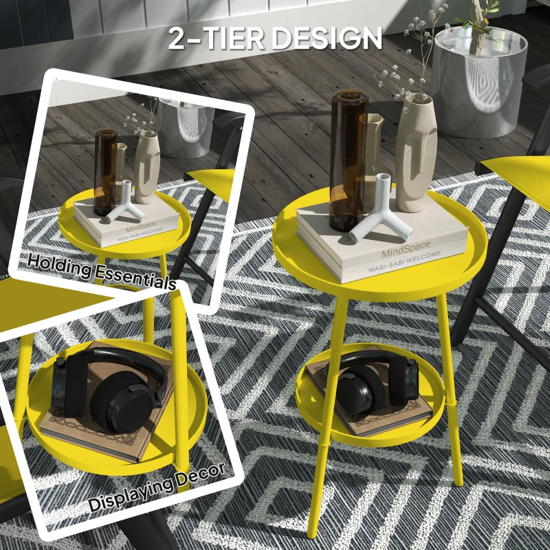 Outsunny Round Garden Table, 2-Tier Small Side Table, Metal Patio Table Coffee Table Dining Table, Yellow