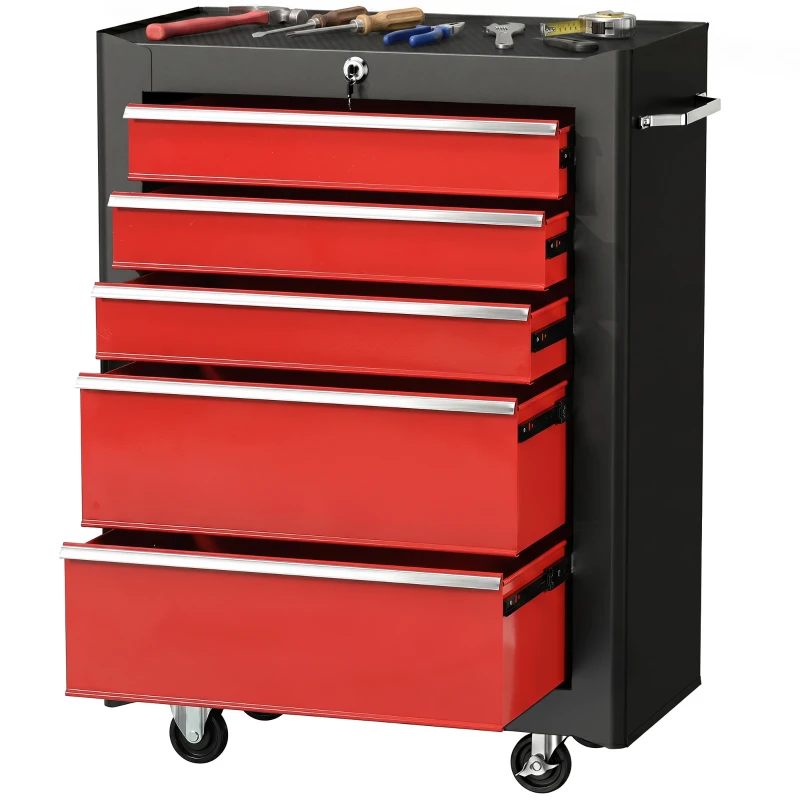 HOMCOM Lockable Tool Cabinet, 5-Drawer Rolling Tool Chest with 4 Universal Wheels, Black and Red