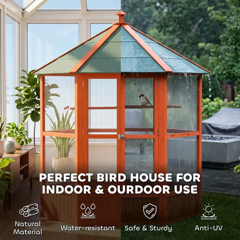 PawHut 69" Wooden Hexagonal Outdoor Aviary Flight Bird Cage With Covered Roof, Brown(m-6)