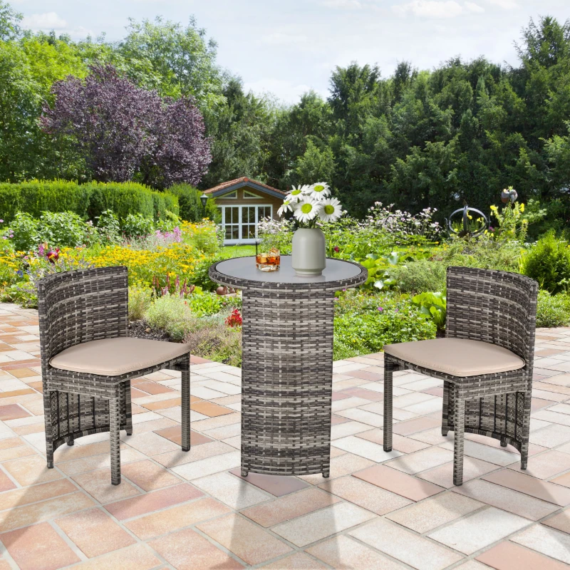 Outsunny 3 PCS Outdoor Rattan Wicker Bistro Set with Storage Shelf, Glass Top Table, Soft Cushioned Chairs and Space Saving Design, Patio Conversation Set for Garden Backyard Porch, Grey
