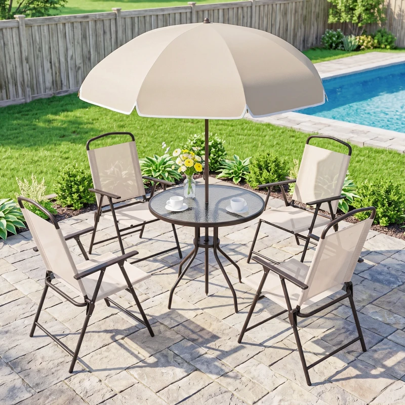 Outsunny 6 Piece Patio Dining Set for 4 with Umbrella, Outdoor Table and Chairs with 4 Folding Dining Chairs & Round Glass Table for Garden, Backyard and Poolside, Beige