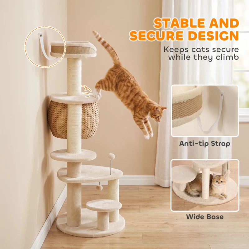 PawHut 52" Cat Tree, Cat Tower with Handwoven Cattail Condo, Bed, Platforms, 3 Scratching Posts and 3 Toy Balls