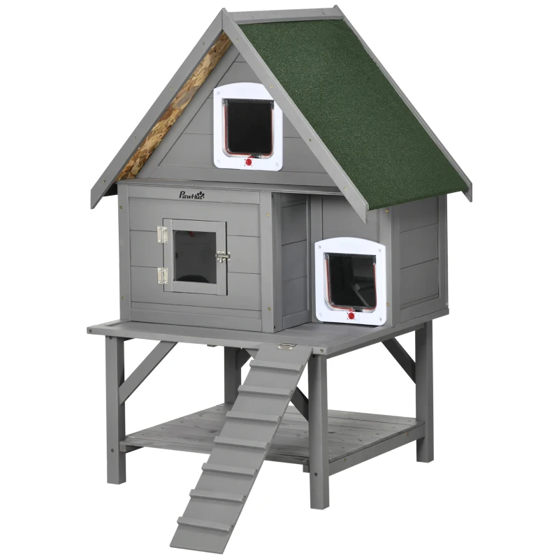 PawHut Wooden Cat House Outdoor with Escape Door, Weatherproof 3-Floor Cat Shelter for 1-2 Feral Cats with Asphalt Roof, Balcony, Stair, Gray