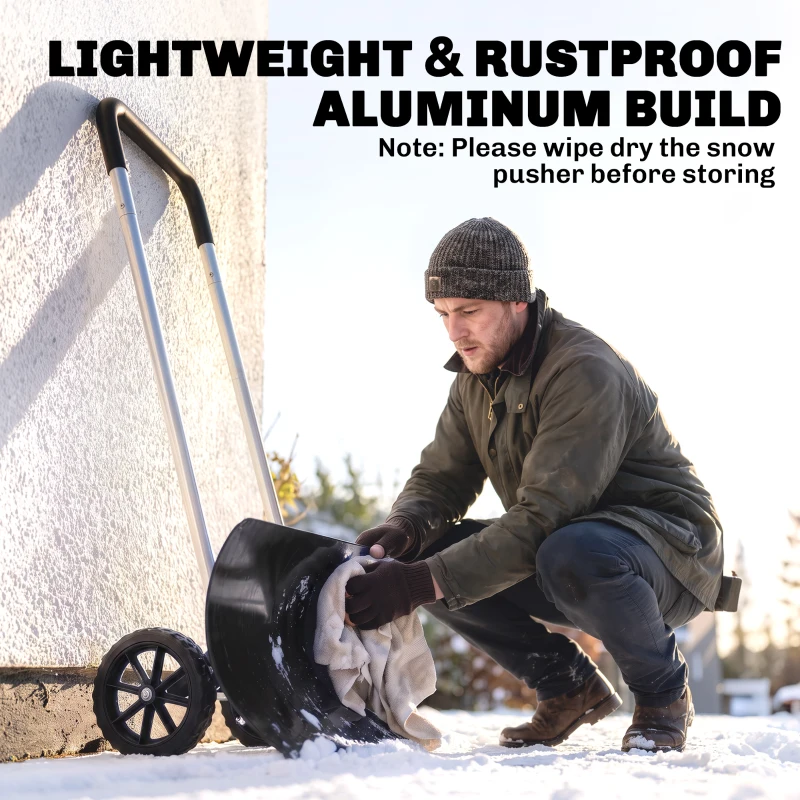 Outsunny 37-Inch Extra Wide Snow Shovel with Wheels, Heavy Duty Aluminum Snow Pusher with Ergonomic Adjustable Handle, Black