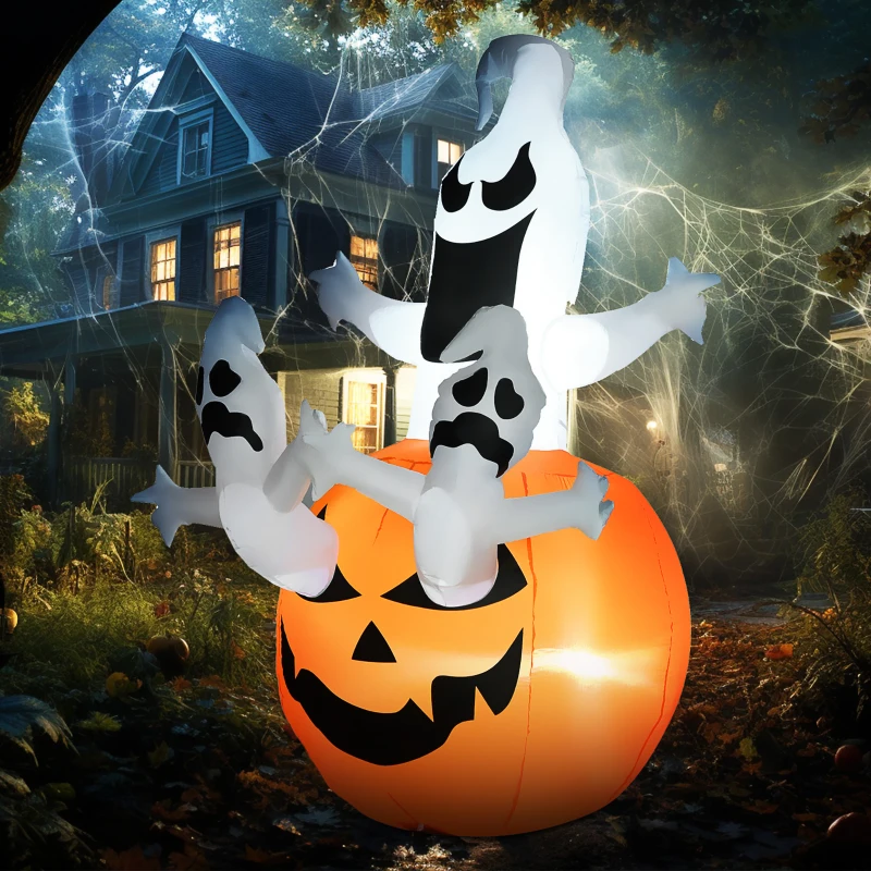HOMCOM 6' Halloween Inflatables Outdoor Decorations Jack-O-Lantern Pumpkin and Ghosts , Blow Up LED Yard Decor for Garden, Lawn, Party, Holiday, Waterproof