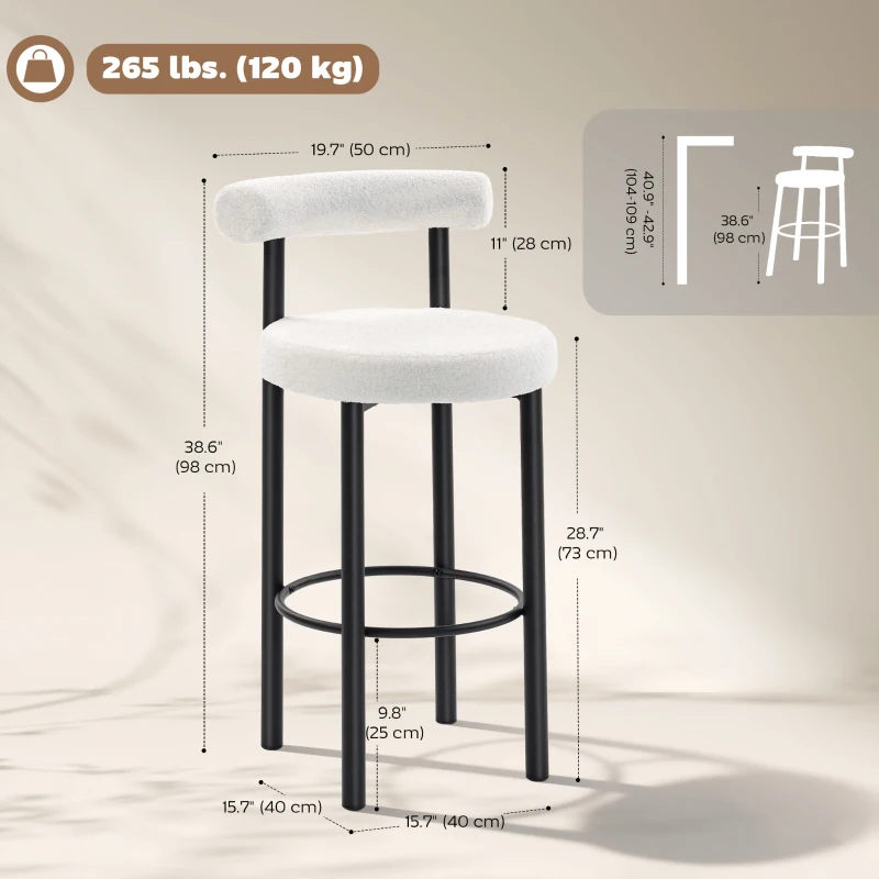 HOMCOM Bar Stools Set of 2, Sherpa Upholstered Barstools with Backrest, Bar Height Stools with Footrest for Kitchen Island