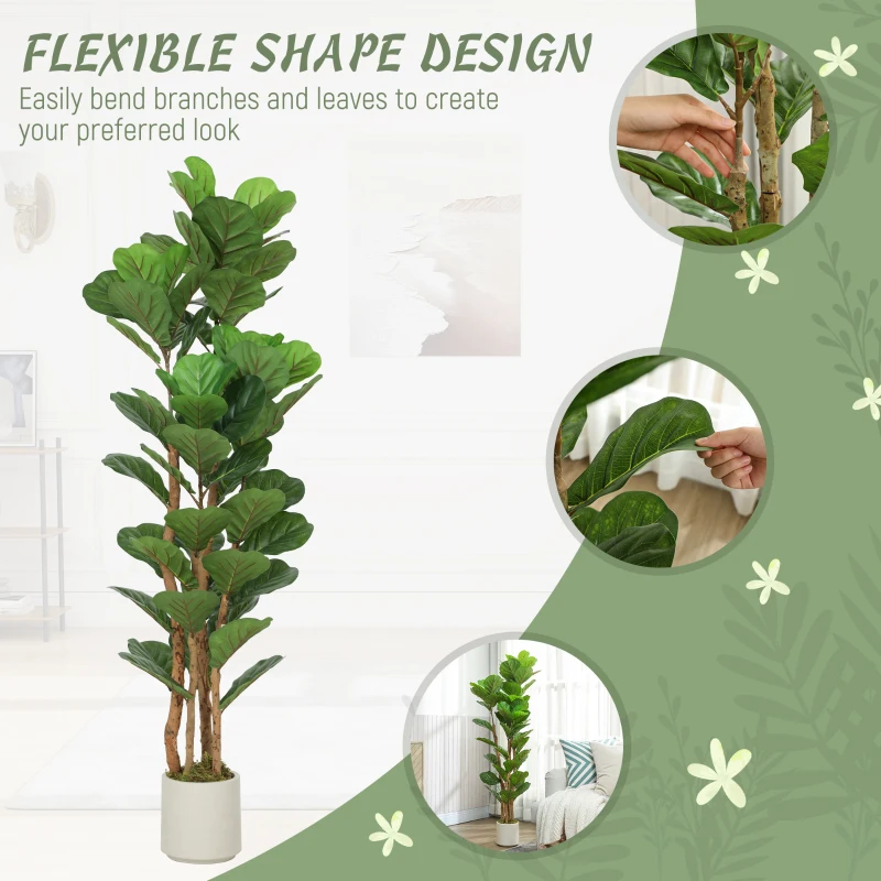 HOMCOM 5FT Artificial Fiddle Leaf Fig Tree Set of 2, Fake Potted Tree with Solid Wood Trunks for Indoor Decor, Green